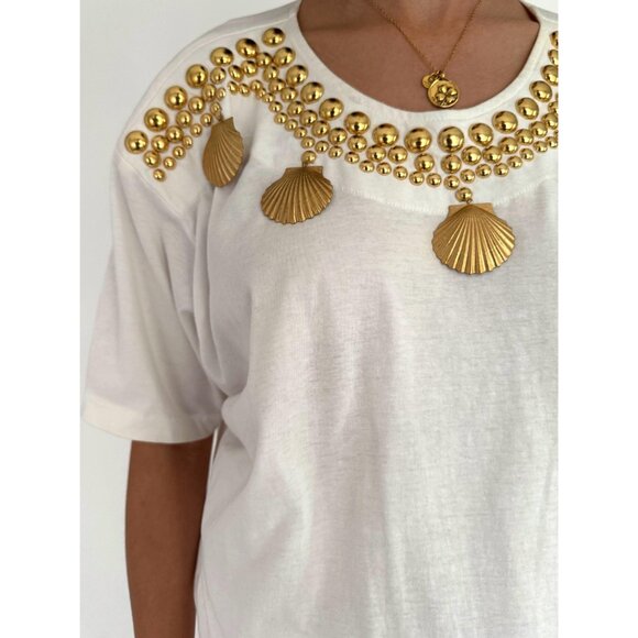 80s white embellished gold seashell retro loose cotton pant one piece jumpsuit - Picture 9 of 10